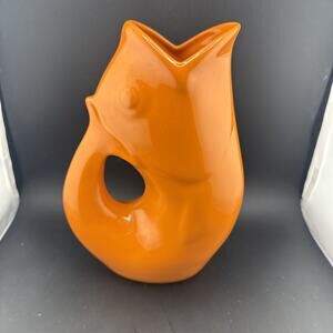 GurglePot 2006 Orange Water Pitcher Ceramic Fish 9.5 Inches
